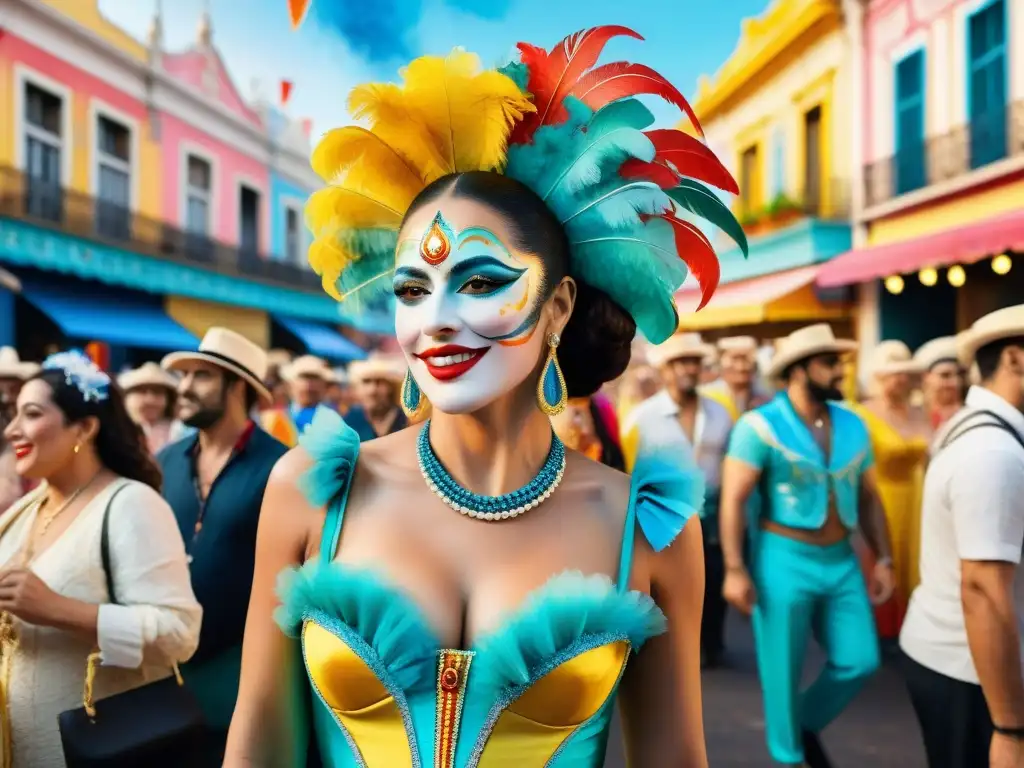 Un detallado acuarela de Retratistas del Carnaval Uruguayo rodeados de coloridos personajes y espectadores alegres