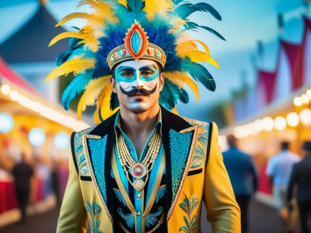 Detallado arte minucioso en vestuario carnavalero de Uruguay: plumas, lentejuelas y patrones vibrantes