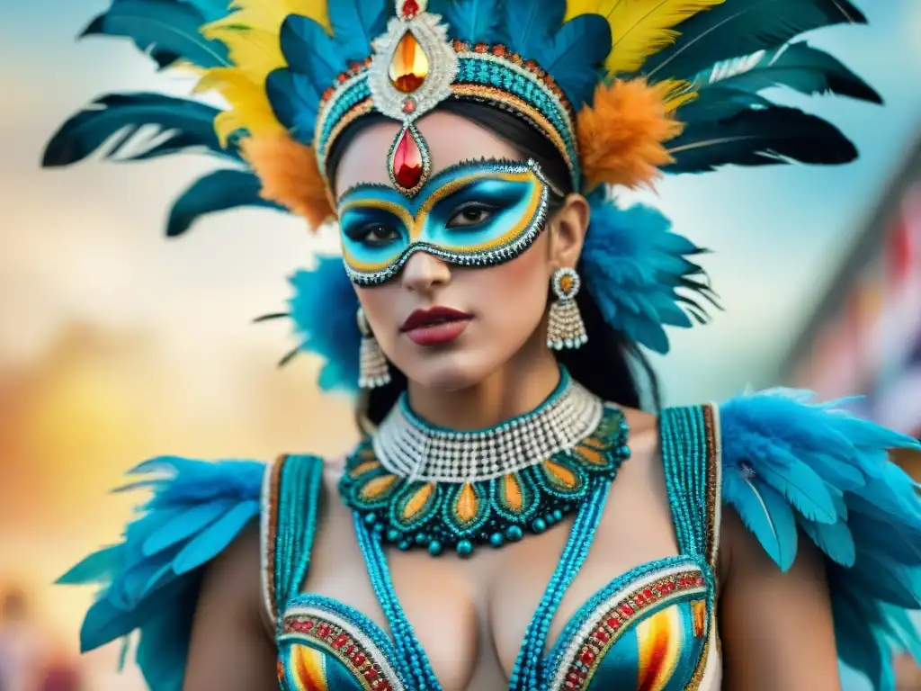 Detallado arte minucioso del vestuario carnavalero de Uruguay, con cuentas, plumas y bordados vibrantes