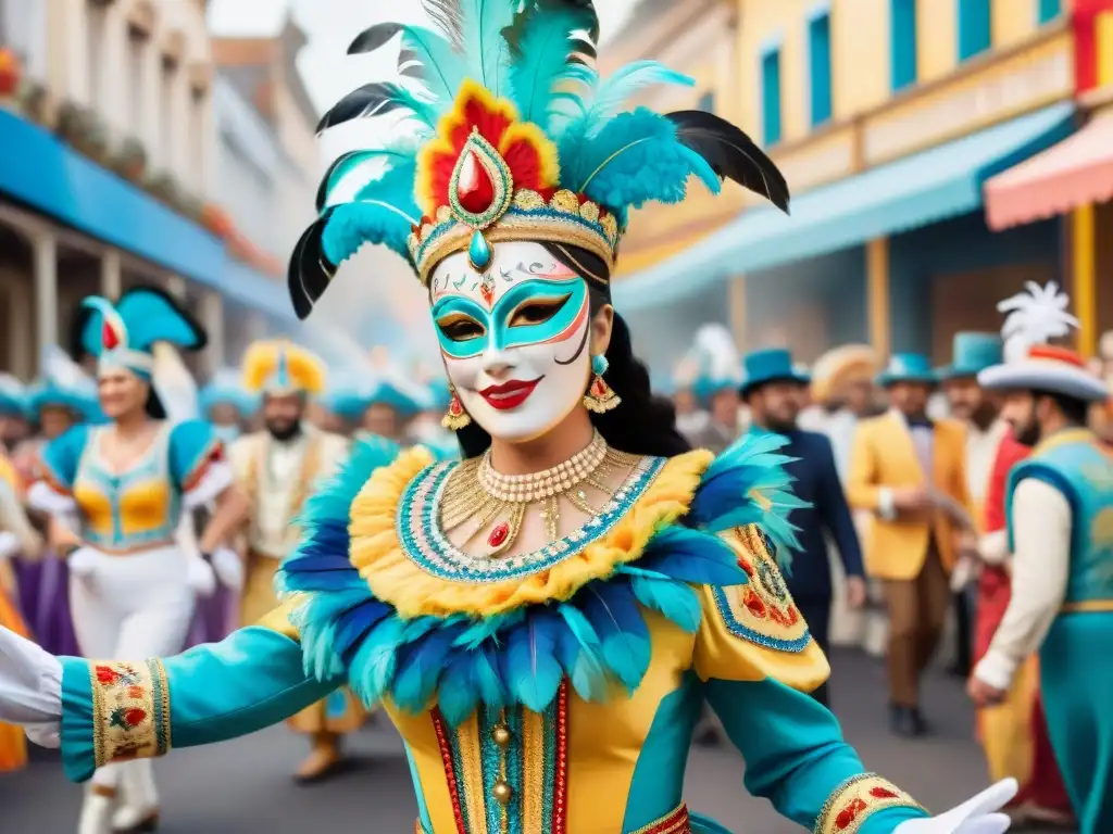 Un detallado cuadro de acuarela muestra trajes de carnaval uruguayo, resaltando la conservación de los diseños tradicionales