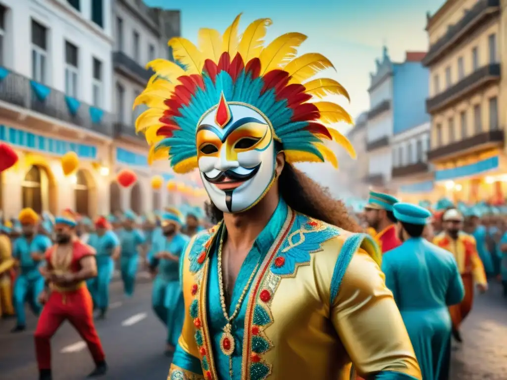 Un detallado cuadro de acuarela muestra un vibrante desfile de Carnaval en Uruguay, con máscaras, trajes coloridos y música alegre