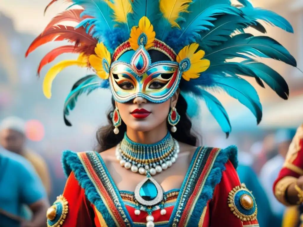 Un detallado cuadro acuarela que muestra un vibrante y elaborado traje de Carnaval Uruguayo, con joyas ocultas en cada detalle