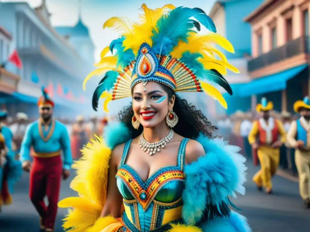 Detallado cuadro de Carnaval Uruguayo con trajes coloridos y vibrantes, destacando la conservación de la tradición