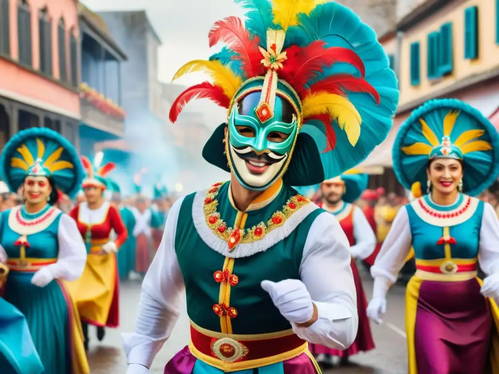 Detallado cuadro acuarela evoca el vibrante Carnaval en Uruguay, con trajes coloridos y música alegre