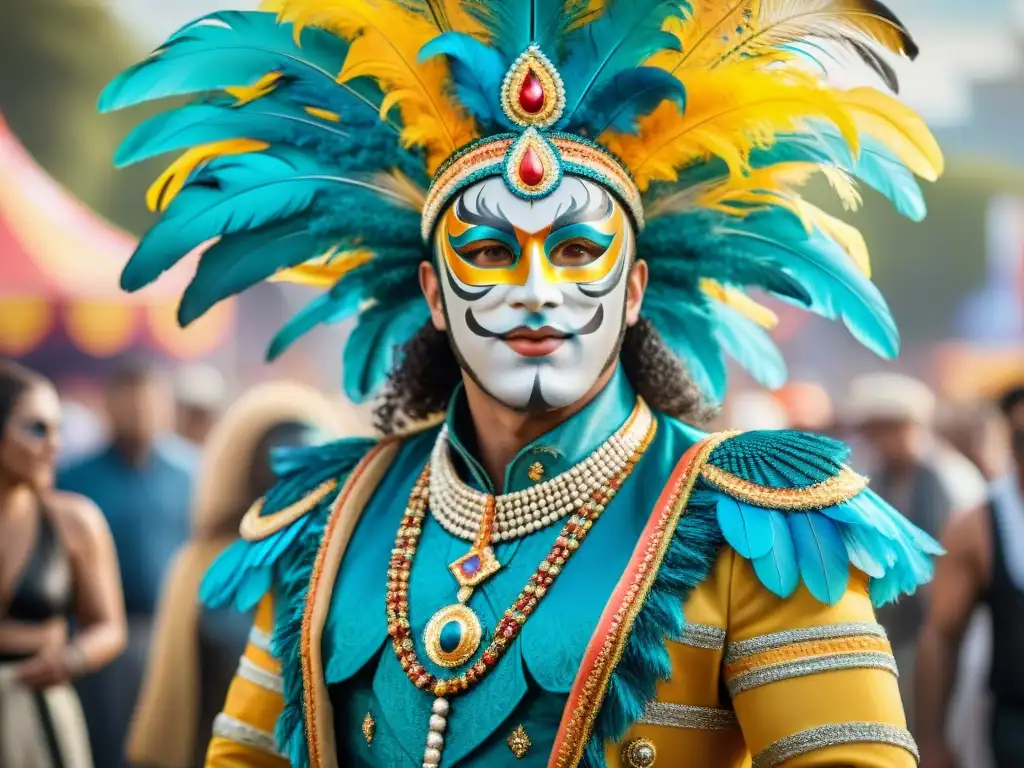 Un detallado diseño de traje de carnaval uruguayo con plumas, lentejuelas y patrones vibrantes