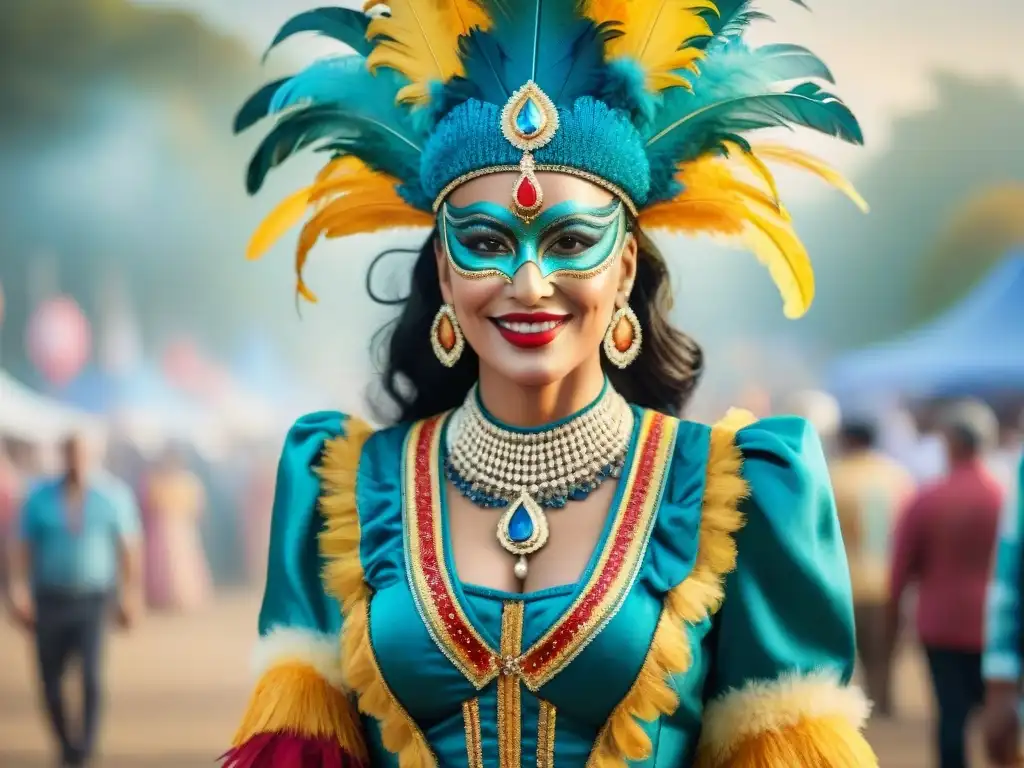 Detallado diseño de vestuario en Carnaval Uruguayo con plumas, lentejuelas y colores vibrantes, capturando la esencia festiva de la época