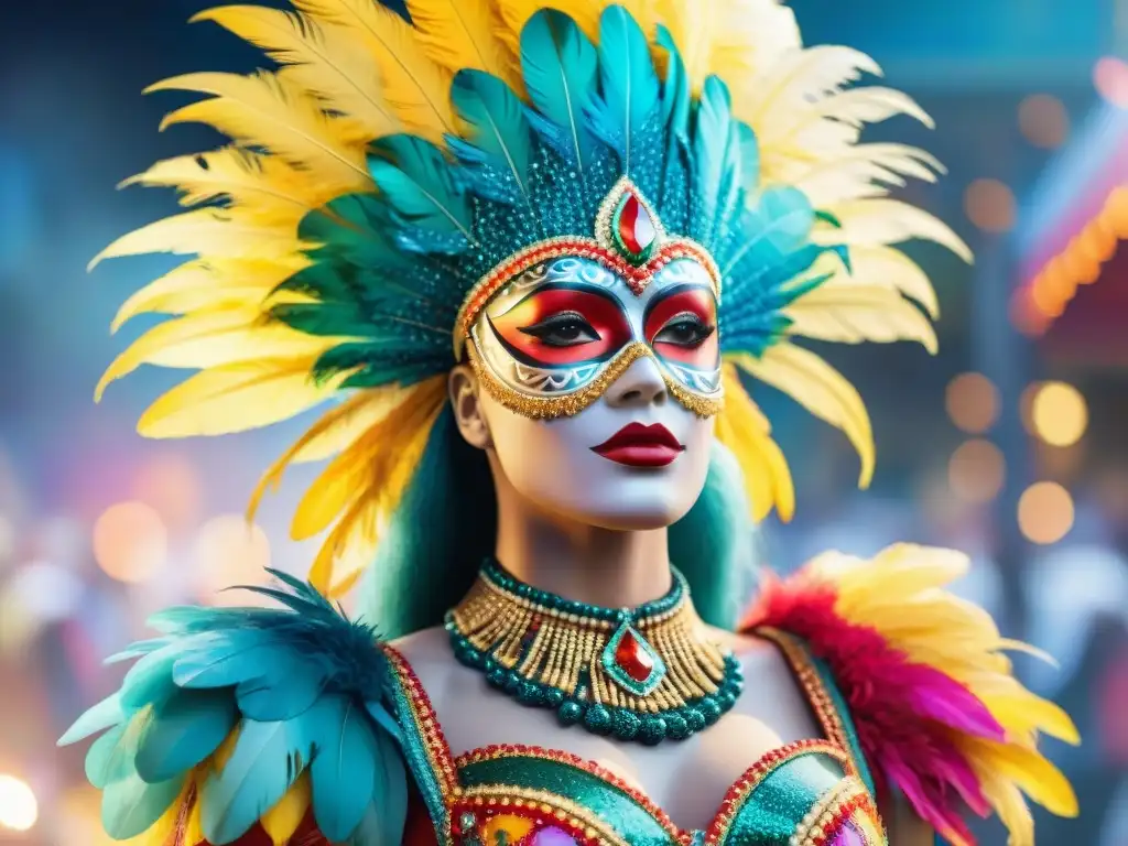 Un detallado diseño de vestuario de carnaval con cuentas, plumas y lentejuelas, resaltando la esencia festiva