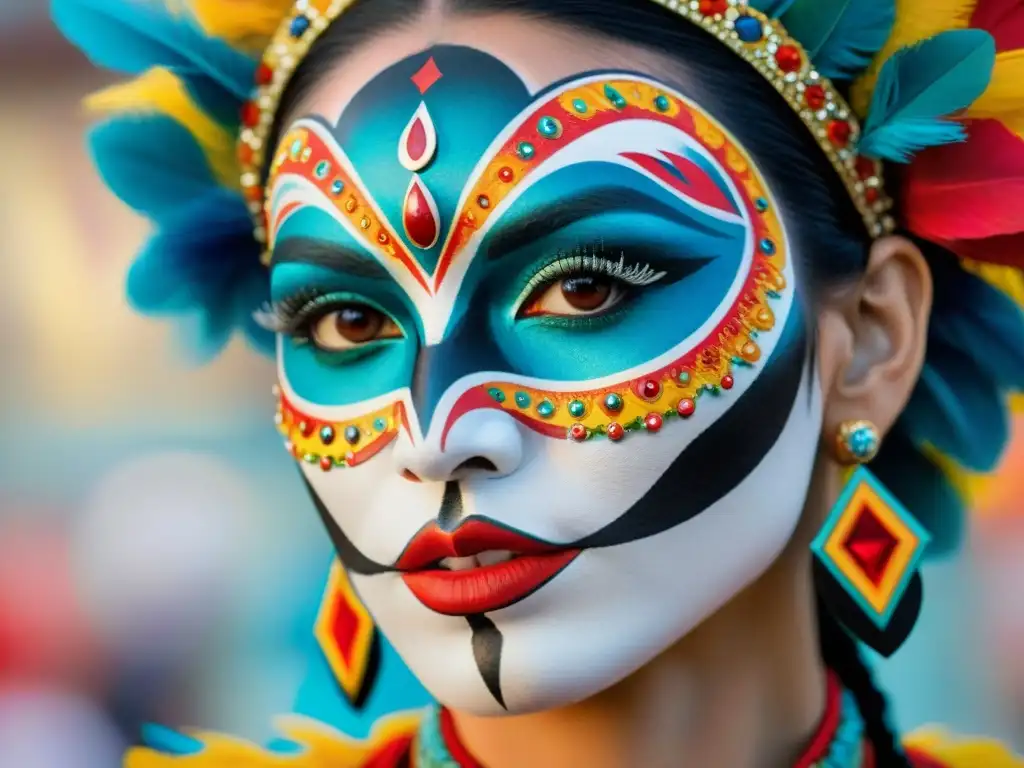 Detallado maquillaje en murgas uruguayas resaltando rostro de bailarín con colores vibrantes y diseños intrincados