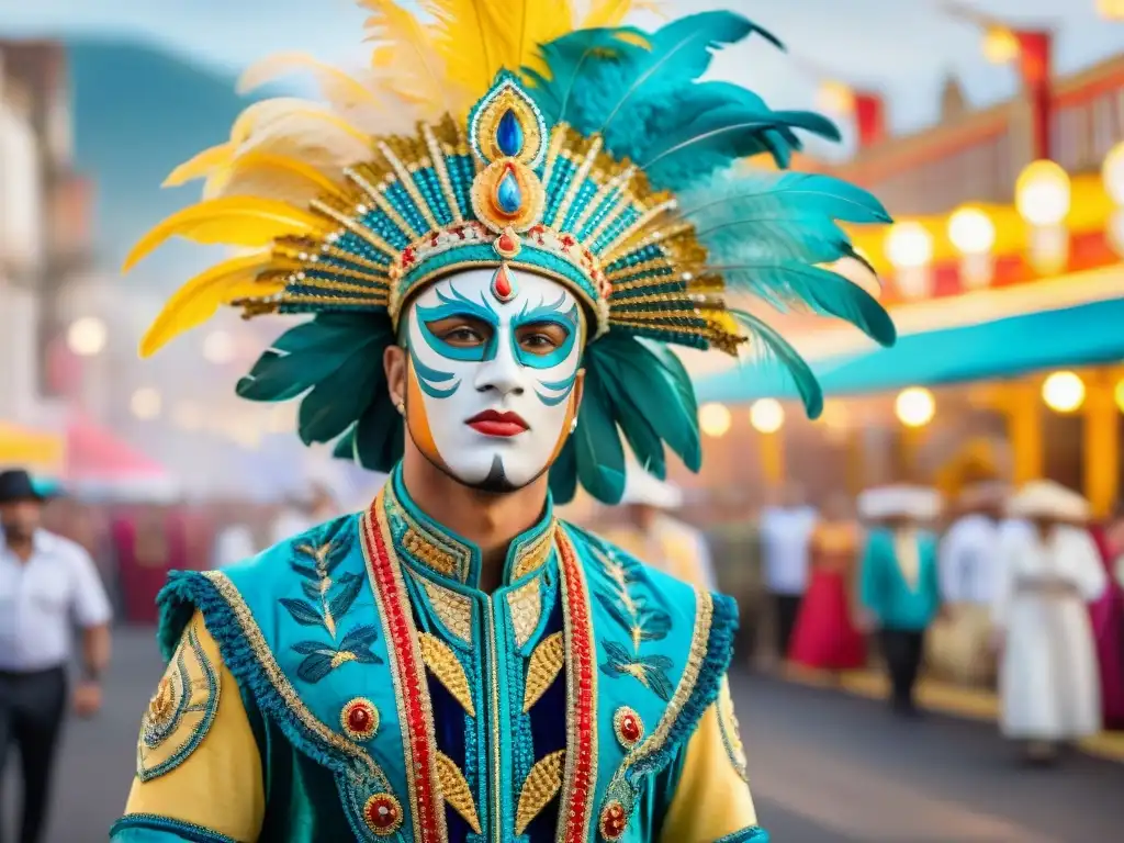 Un detallado traje de Carnaval Uruguayo con bordados, colores vibrantes y detalles elaborados, en un desfile festivo