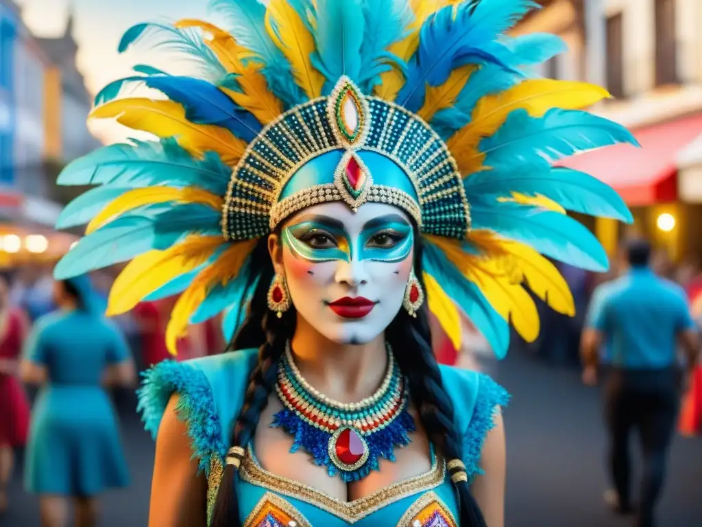 Detallado traje de Carnaval Uruguayo con colores vibrantes y elaborados bordados, en medio de un desfile festivo