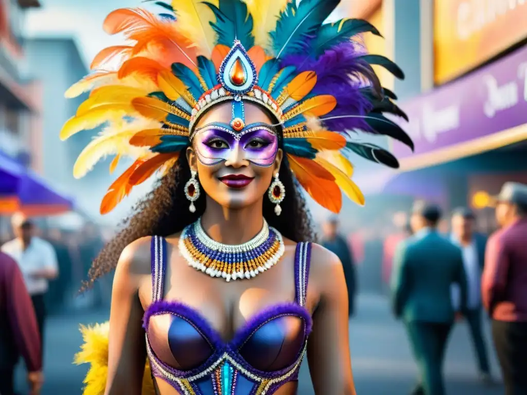 Detallado traje de Carnaval Uruguayo en acuarela, con plumas, lentejuelas y bordados, en vibrantes colores y escena festiva