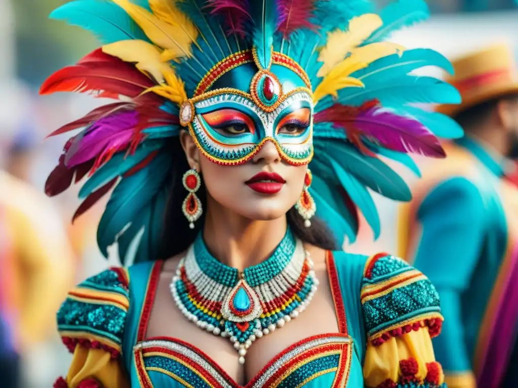 Detallado vestuario para Carnaval, con brillos, plumas y bordados, capturando la esencia festiva y creativa