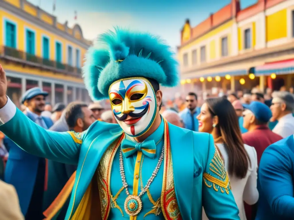 Detalle de acuarela de un animado Carnaval en Uruguay con parodistas, reflejando la energía y éxito de la festividad