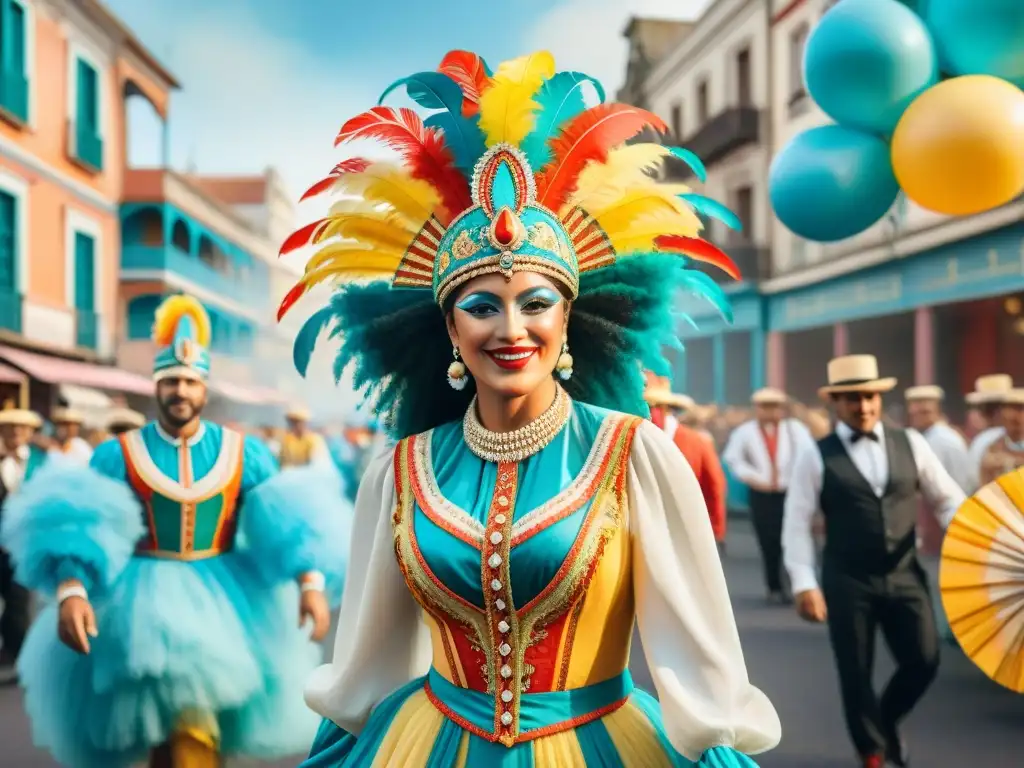 Detalle en acuarela del Carnaval Uruguayo comparativa imágenes: tradición vs