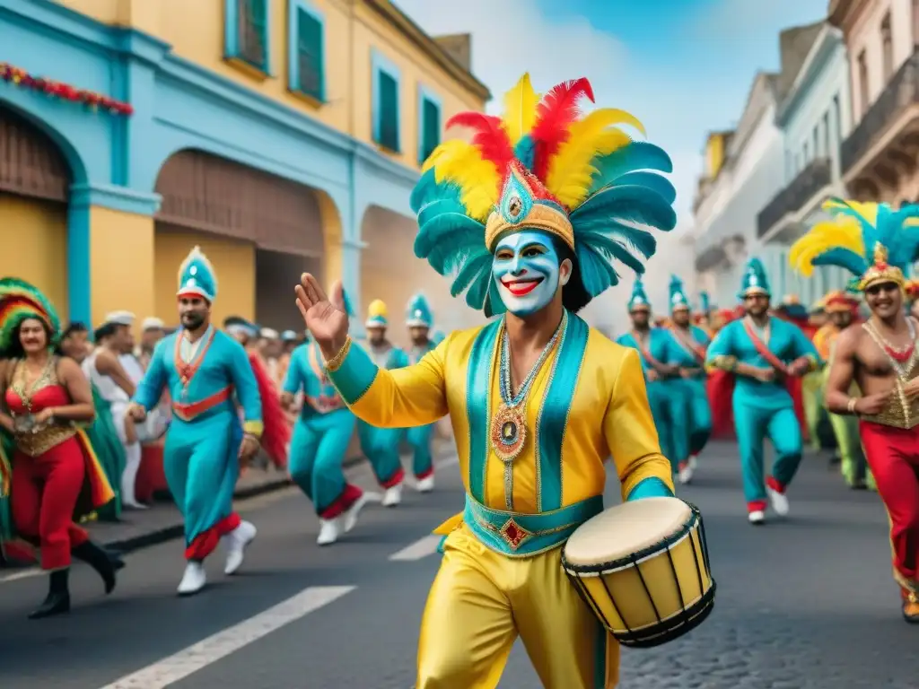 Detalle en acuarela del vibrante Carnaval en Uruguay con danzas coloridas, música alegre y una atmósfera festiva