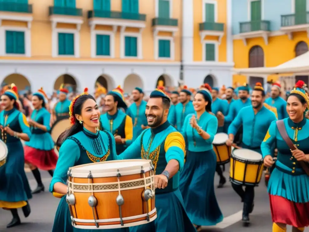 Detalle de una animada murga en Montevideo, Uruguay, con trajes coloridos y música alegre, impacto social emocional murgas Uruguay