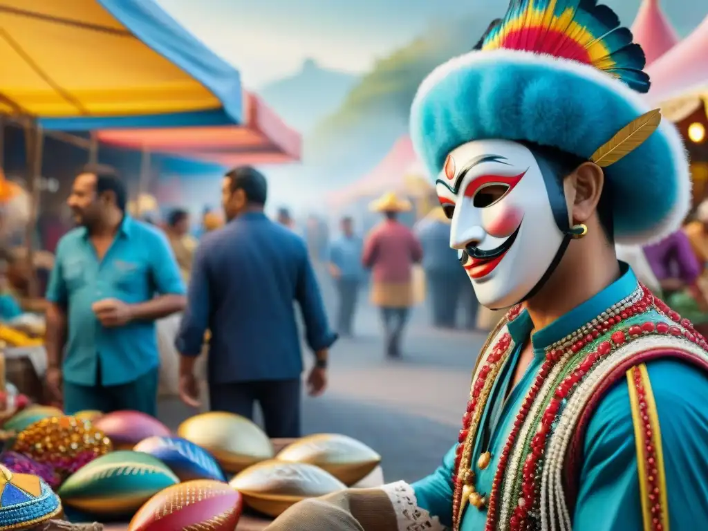 Detalle de artesanías del Carnaval Uruguayo en vibrante mercado callejero