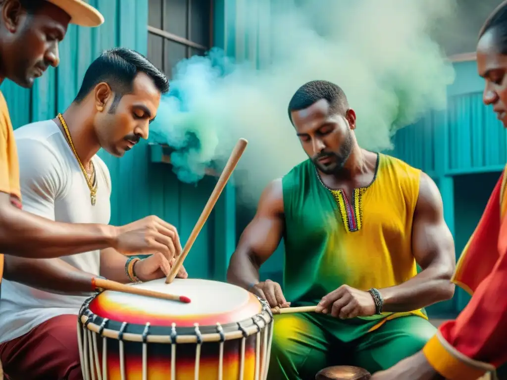 Detalle de artesanos elaborando un tambor Candombe con dedicación y destreza, rodeados de pinturas y herramientas tradicionales