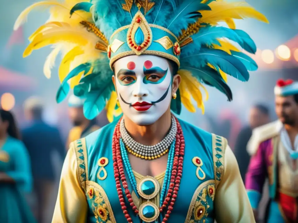 Detalle colorido del Carnaval Uruguayo: trajes tradicionales, plumas y lentejuelas que resaltan la identidad cultural y festiva