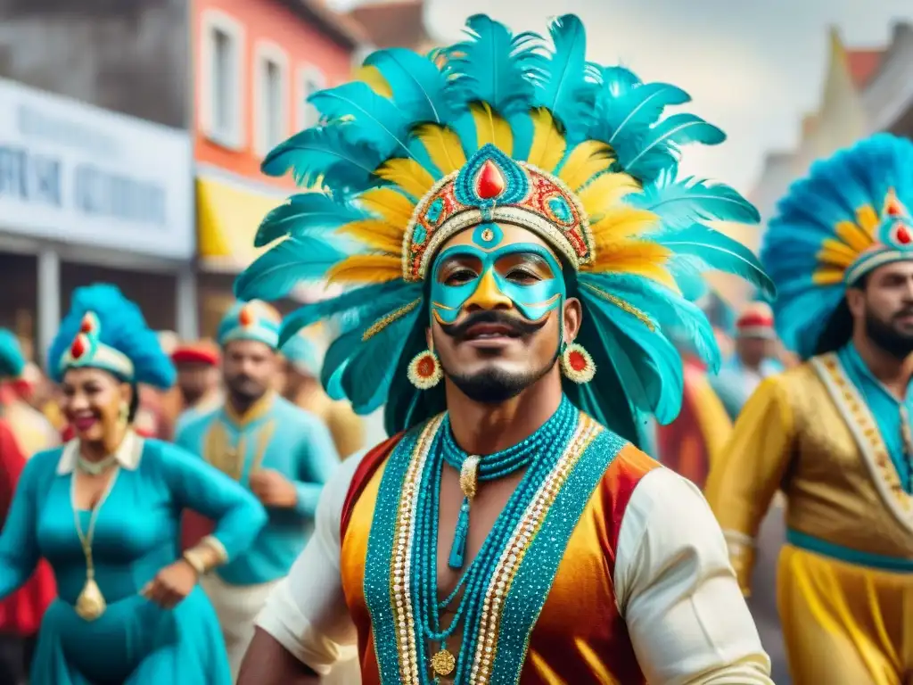 Detalle colorido de desfile en Carnaval de Uruguay con curiosidades trajes famosos