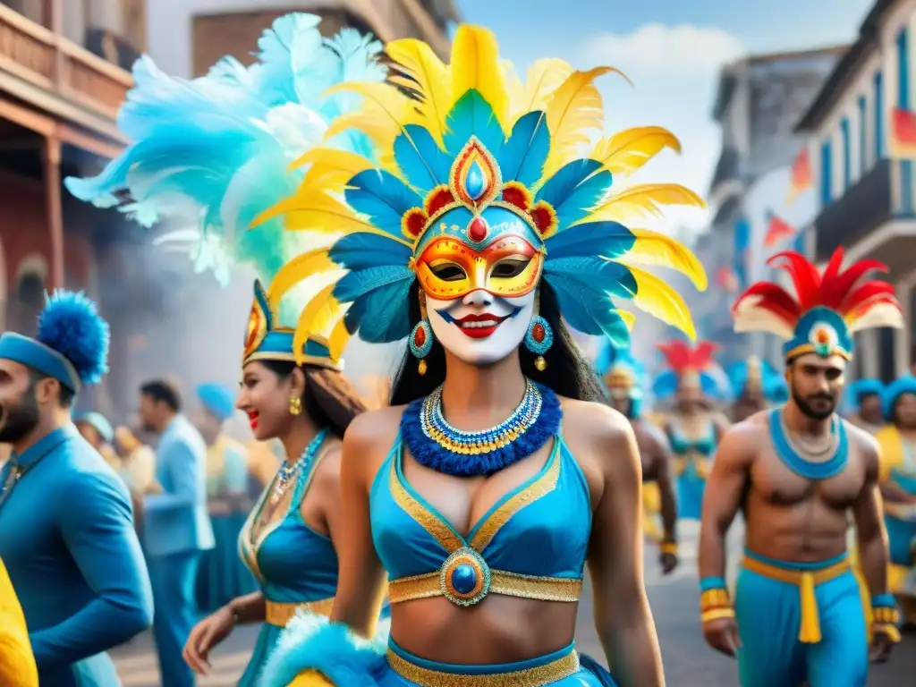 Detalle de un colorido desfile de carnaval en Uruguay resaltando la importancia de complementos en Carnaval