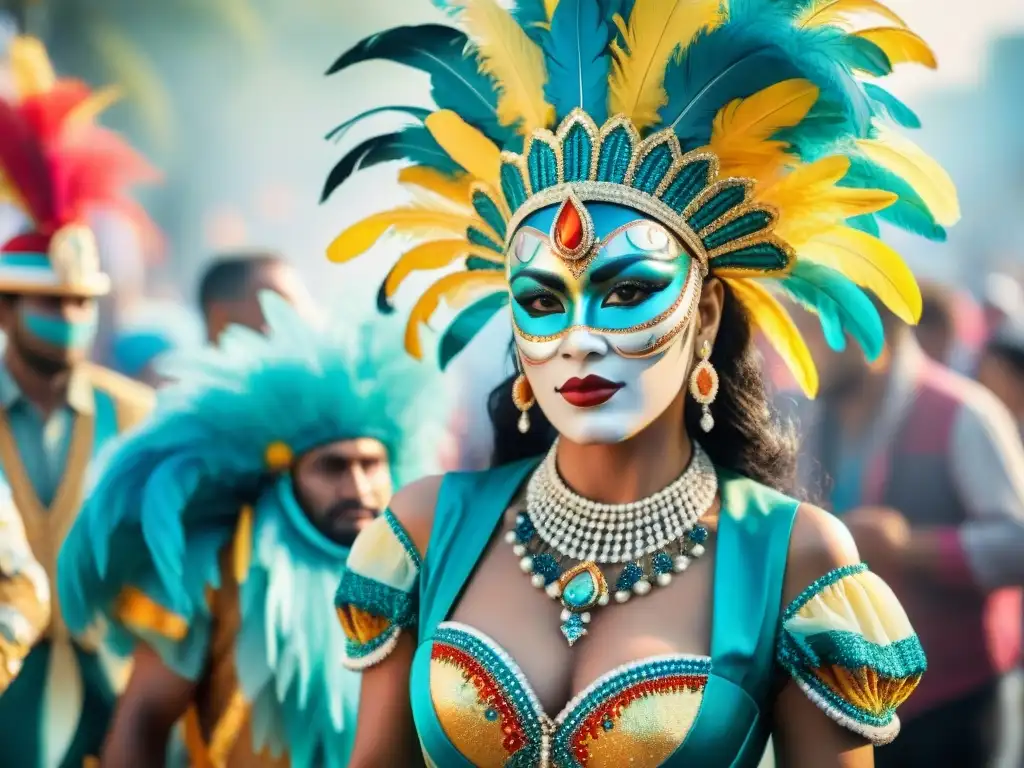 Detalle colorido del diseño de vestuario en Carnaval, desde trajes tradicionales uruguayos hasta influencias internacionales modernas