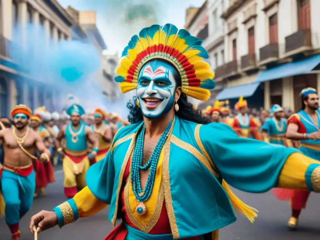 Detalle colorido de murga en Carnaval Uruguayo: trajes vibrantes, maquillaje elaborado y baile energético en Montevideo