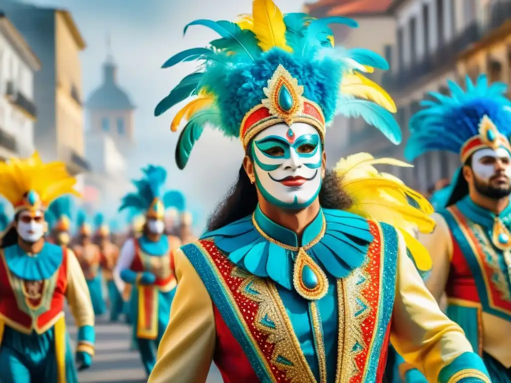 Detalle de desfile vibrante en el Carnaval Uruguayo con trajes elaborados y coloridos