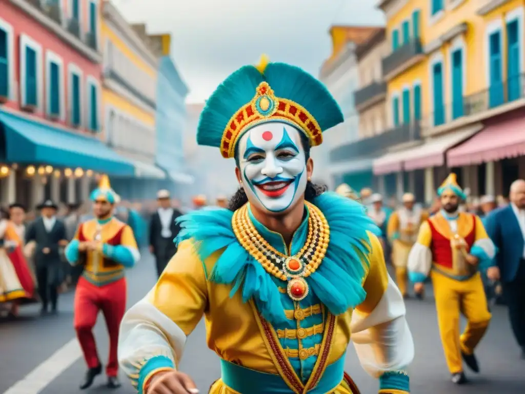 Detalle de pintura acuarela del vibrante Carnaval en Uruguay con Fotógrafos Carnaval Uruguayo técnicas