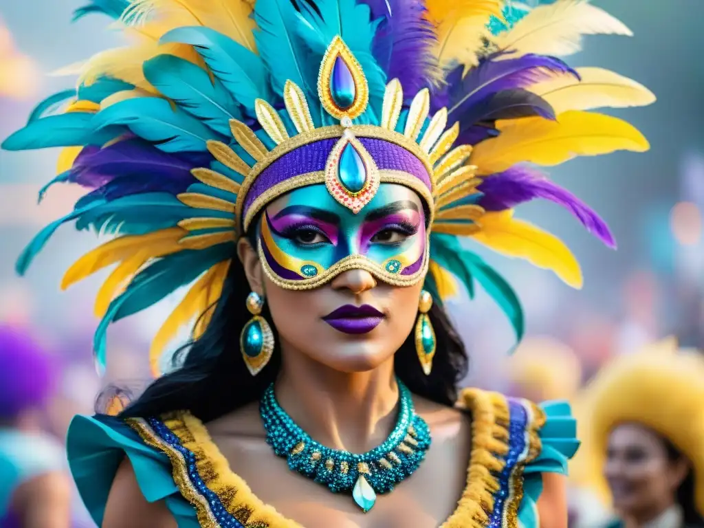 Detalle del proceso creativo de un traje de Carnaval uruguayo, con plumas, lentejuelas y cuentas en tonos vibrantes