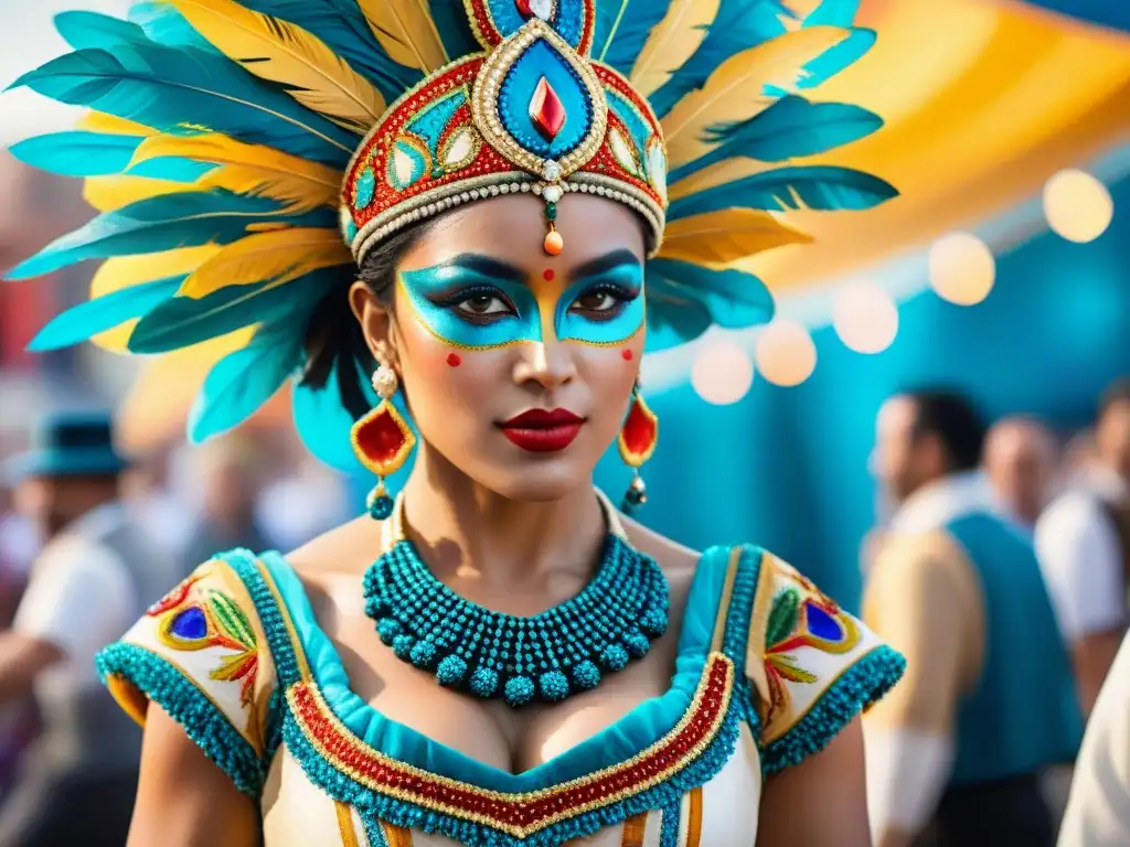 Detalle acuarela de un traje de Carnaval Uruguayo, resaltando la rica artesanía y la Conservación trajes Carnaval Uruguayo