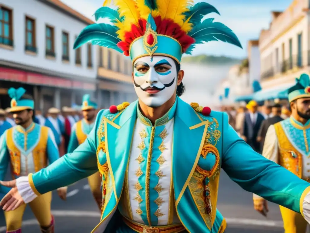 Detalle trajes Carnaval Uruguayo con significados culturales y colores vibrantes