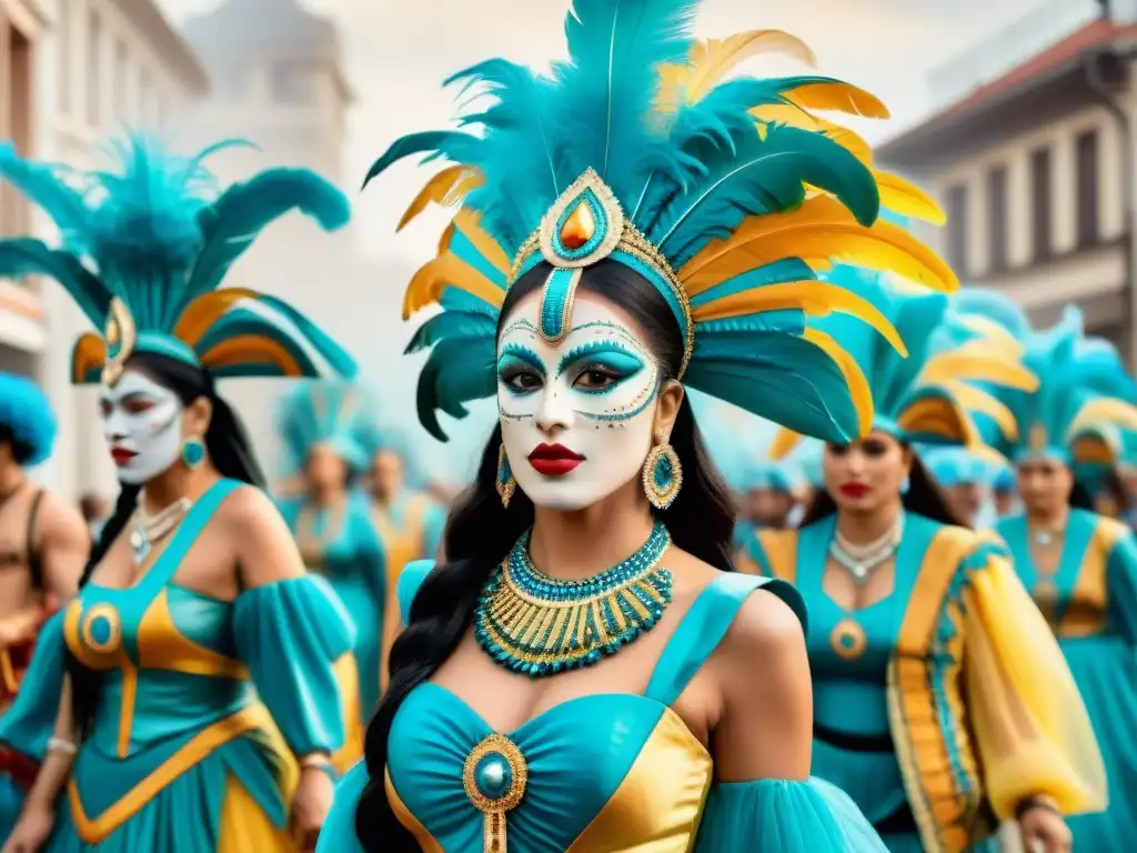 Detalle acuarela historia vestuario Carnaval Uruguay: evolución de trajes desde indígenas a modernos, con colores y patrones únicos