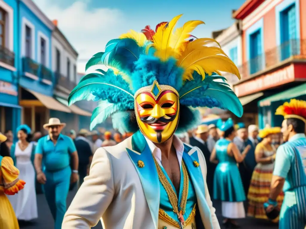 Detalle acuarela vibrante de calle uruguaya en Carnaval, con trajes coloridos y música alegre