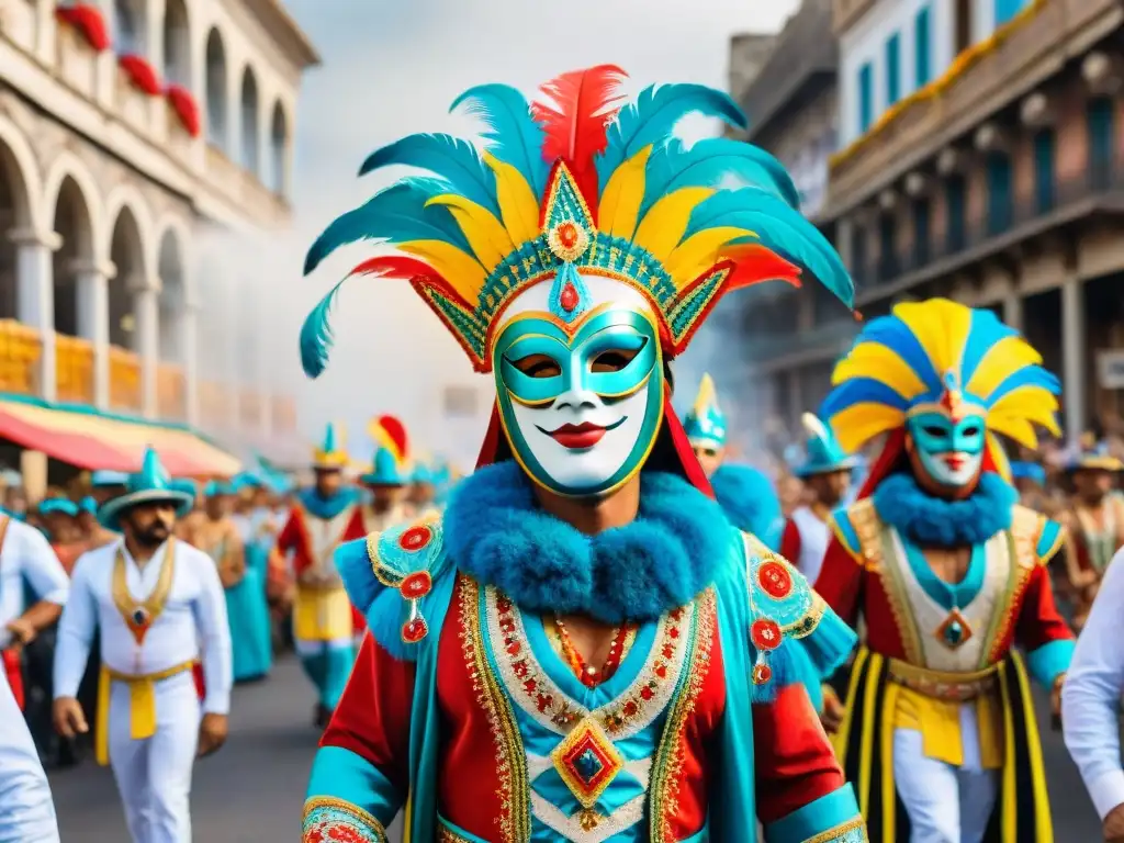 Detalle vibrante del Carnaval en Uruguay fusionando política y celebración