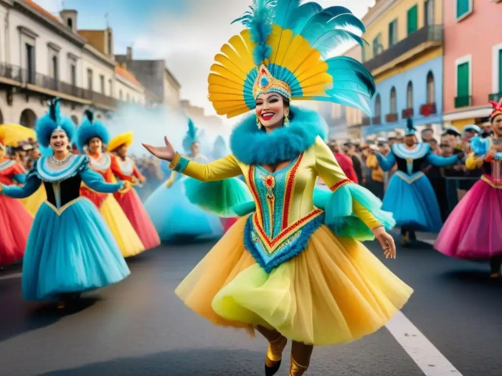 Detalle acuarela del vibrante Carnaval Uruguayo: coloridos trajes, carrozas y música