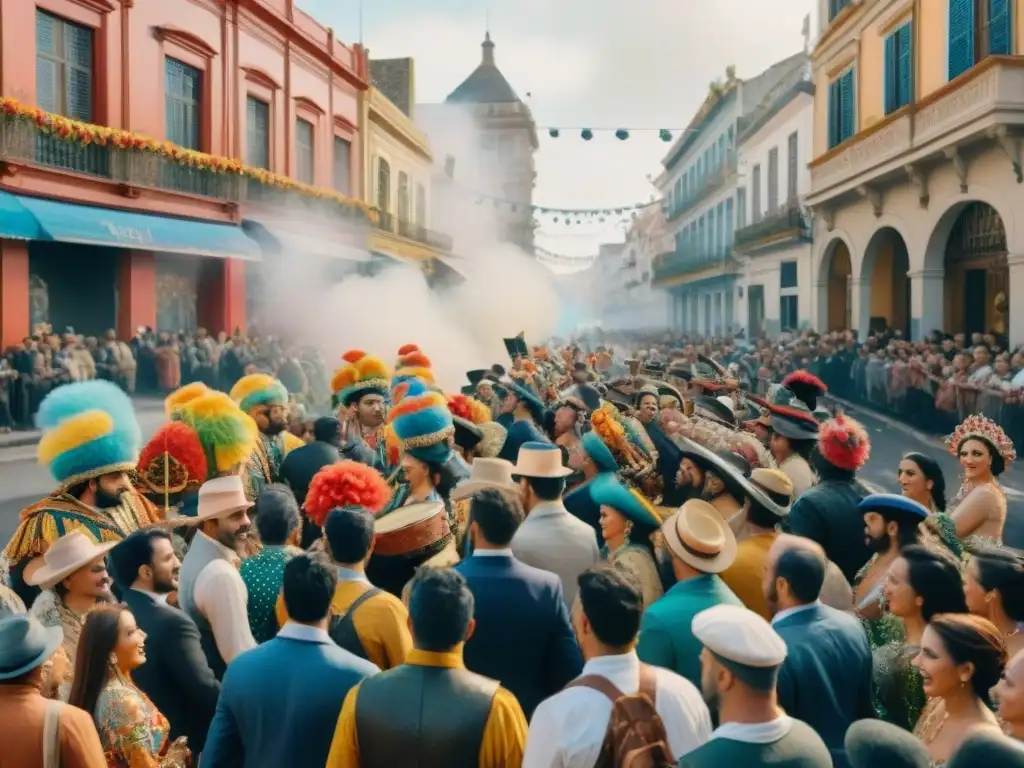 Detalle acuarela del vibrante Carnaval Uruguayo, con desfiles, música y espectadores, conexión anual al merchandising