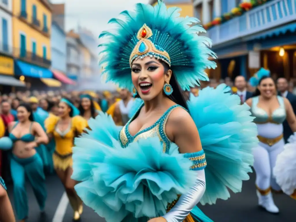 Detalle de la celebración vibrante del Carnaval Uruguayo, con desfiles coloridos y multitud emocionada