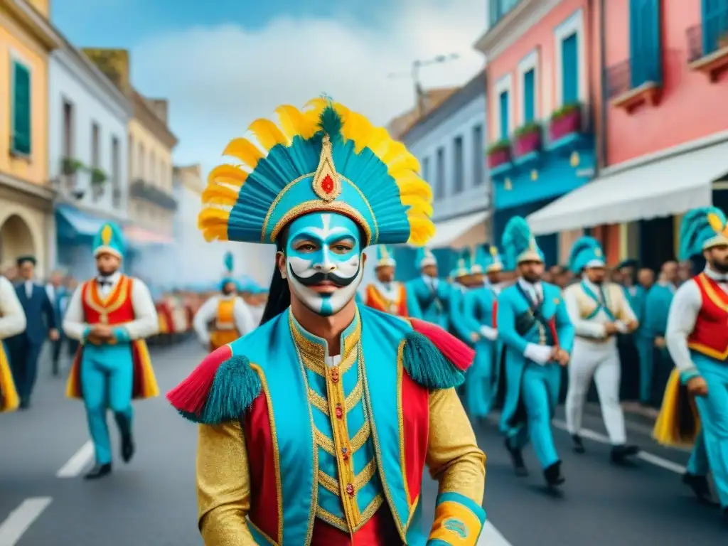 Detalle vibrante del Carnaval Uruguayo: desfile colorido, danzas energéticas y bandas musicales, junto a edificios coloniales decorados