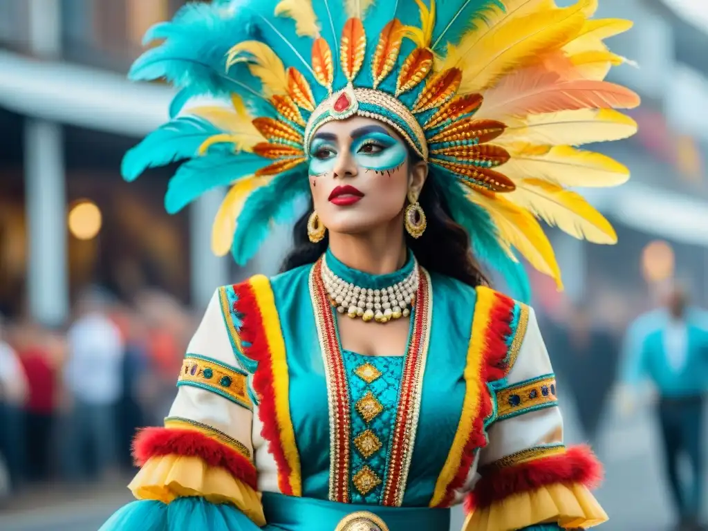 Detalle vibrante historia evolución trajes carnaval uruguayo: plumas, cuentas y telas coloridas