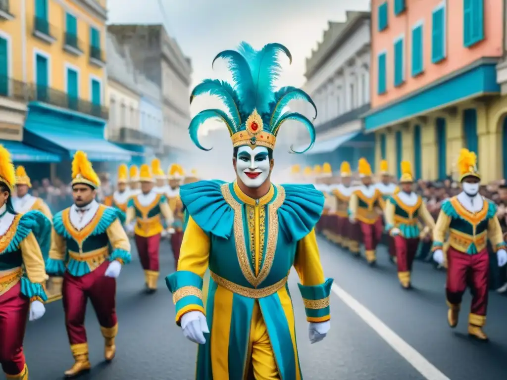 Detalle acuarela del vibrante Carnaval Uruguayo, con desfiles coloridos y espectadores animados