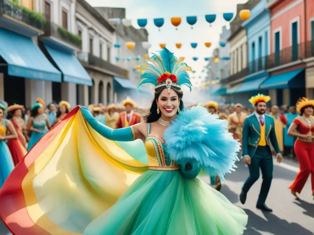 Detalle acuarela del vibrante Carnaval Uruguayo en el mundo: trajes, música y baile en las calles