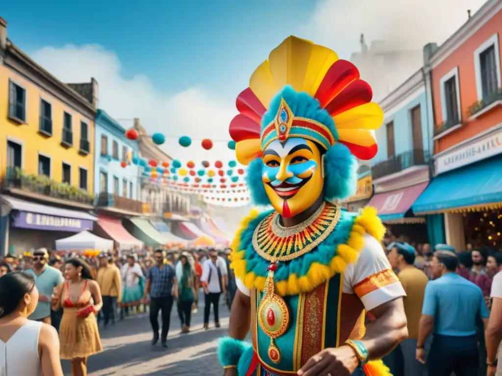 Detalle vibrante del Carnaval Uruguayo: desfile colorido con influenciadores y música tradicional