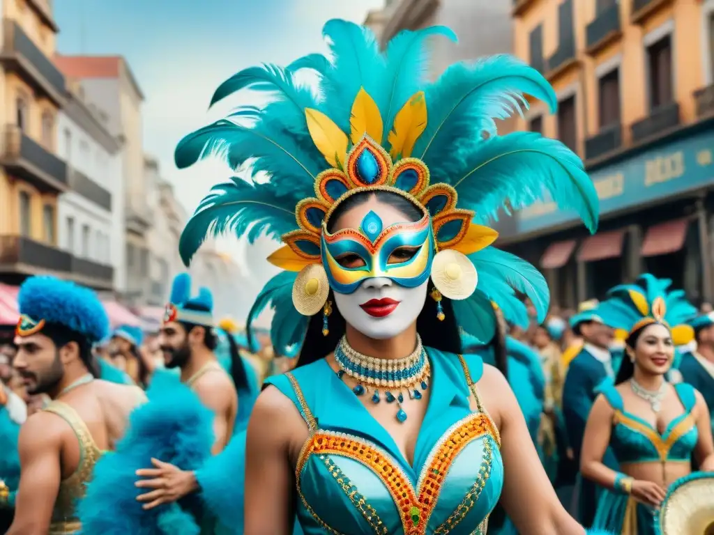 Detalle vibrante del Carnaval Uruguayo en Montevideo: desfile colorido, música alegre y espectadores emocionados