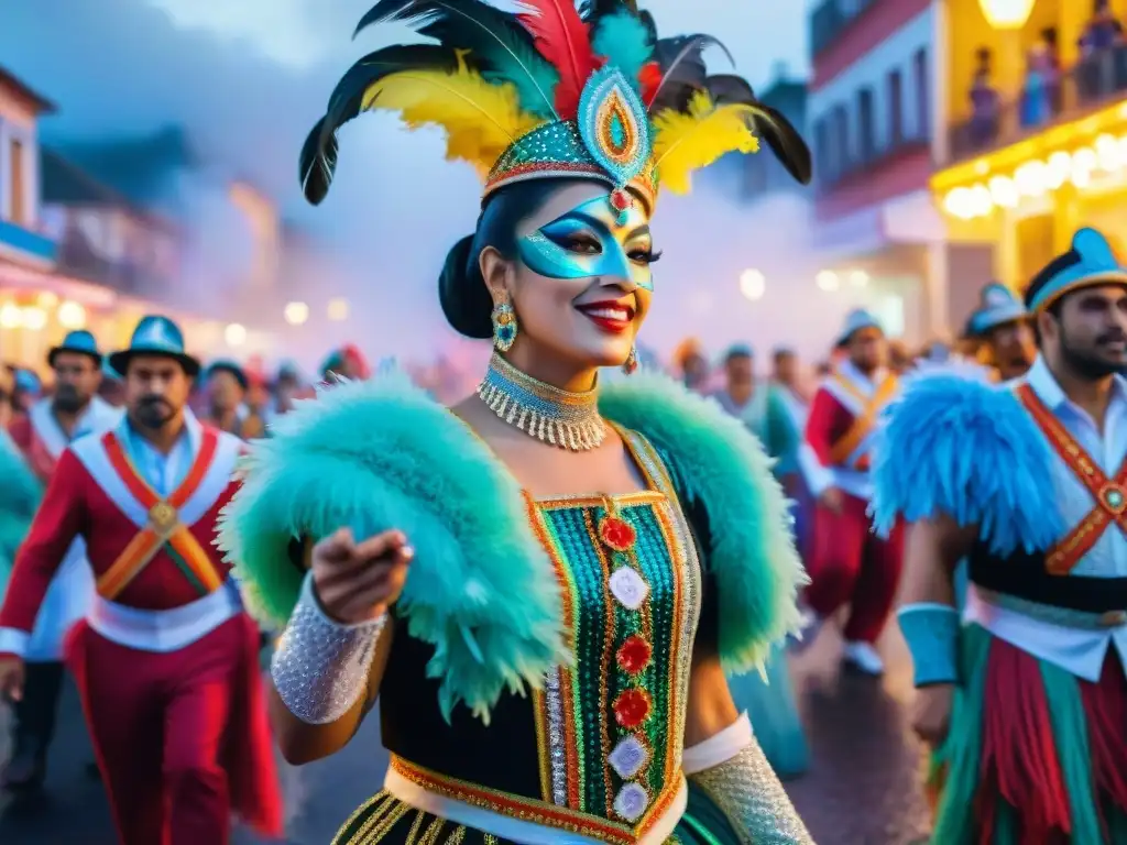 Detalle vibrante del Carnaval en Uruguay con vestuarios tradicionales coloridos y elaborados, en medio de una festiva parada