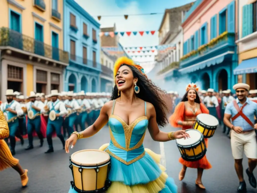 Detalle acuarela vibrante de desfile de Carnaval en Uruguay, con trajes coloridos y música festiva