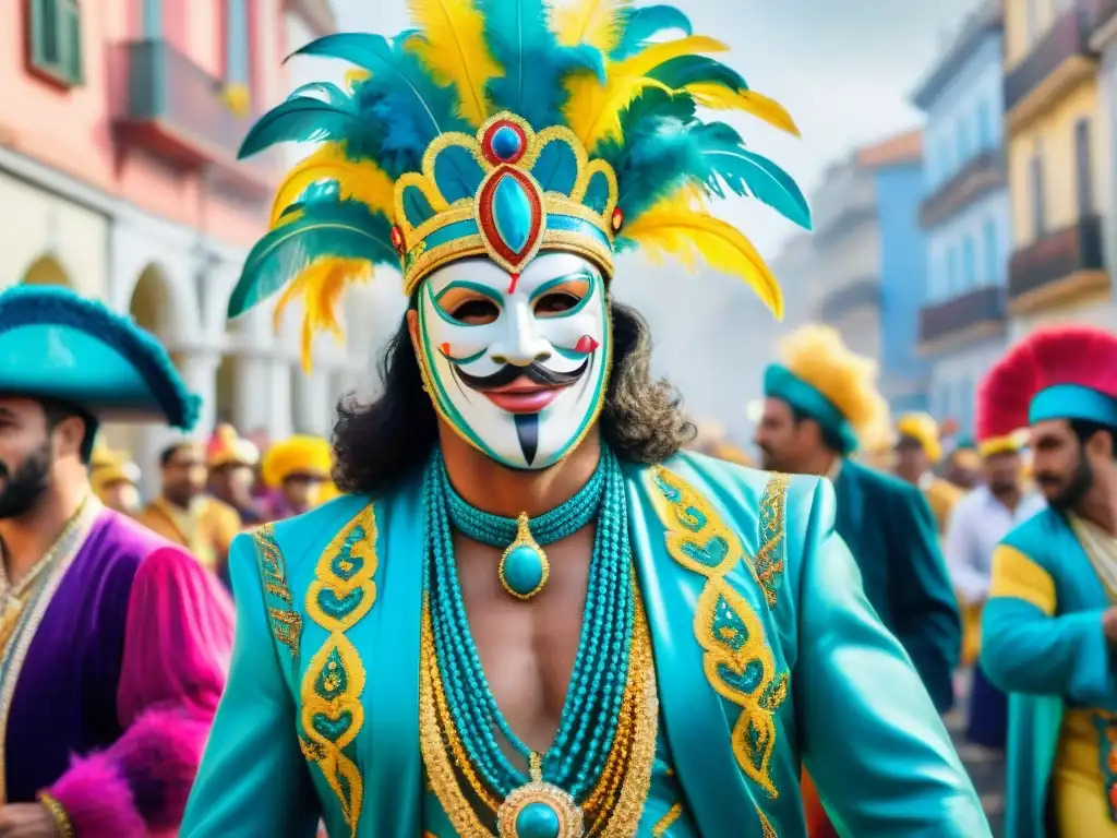 Detalle acuarela vibrante de desfile Carnaval en Uruguay