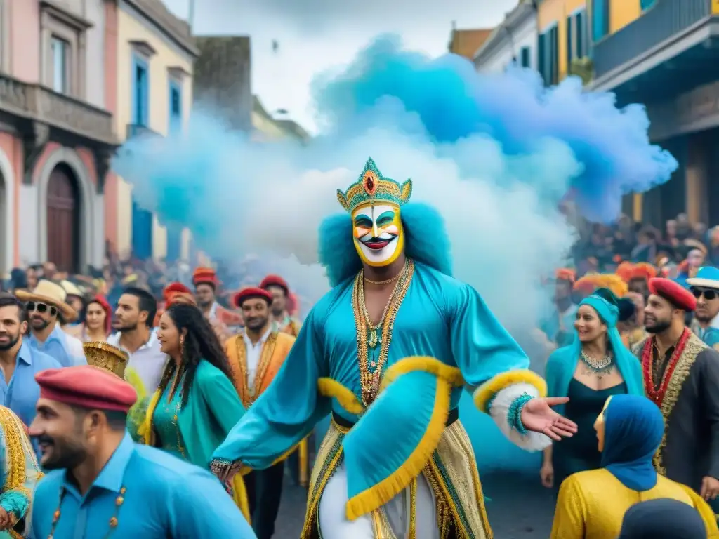 Detalle de un vibrante desfile de Carnaval en Uruguay, con trajes, carrozas y música tradicional