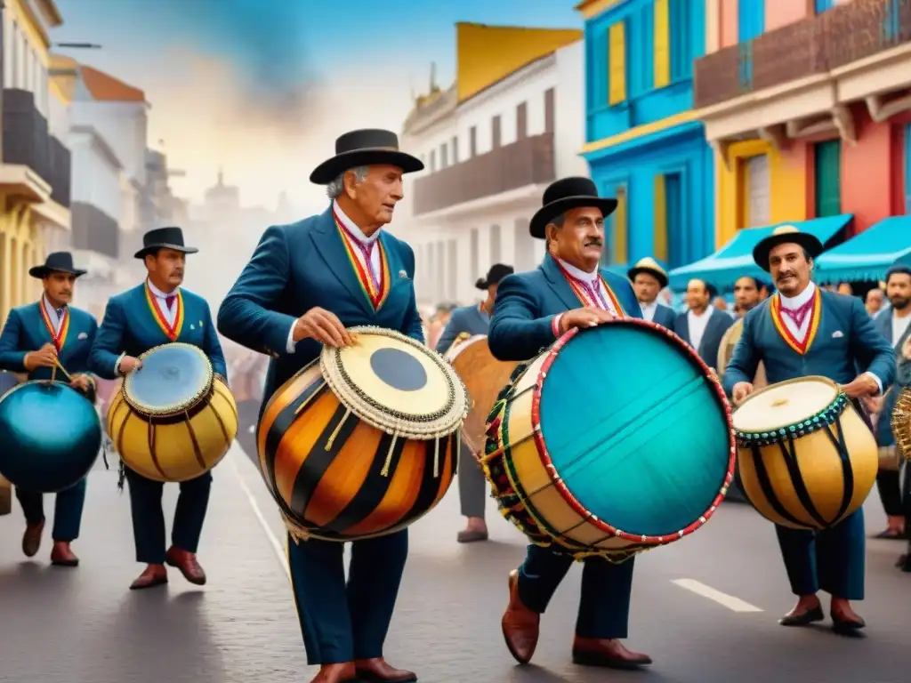 Detalle vibrante de Instrumentos de la murga Uruguay en una pintura acuarela de Montevideo