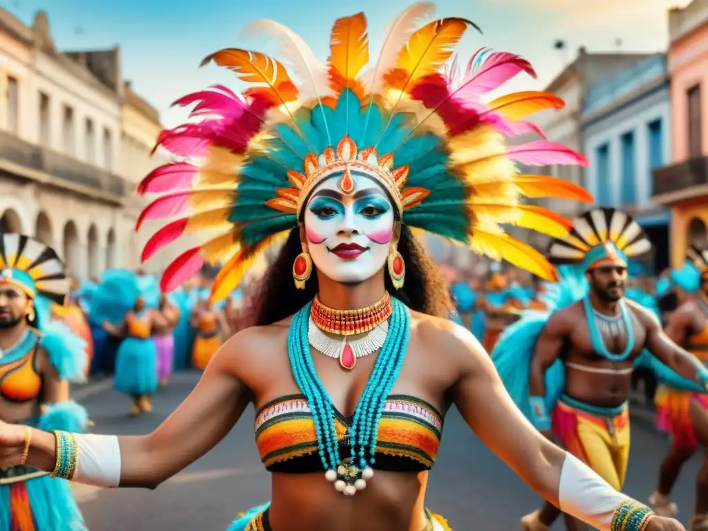 Detalle vibrante de tradición de parodistas en Uruguay: desfile de carnaval con colores vivos y energía festiva